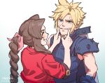 1boy 1girl aerith_gainsborough aqua_eyes armor artist_name bandaged_arm bandages blonde_hair blue_shirt blush braid braided_ponytail brown_hair buster_sword closed_eyes cloud_strife cropped_jacket earrings final_fantasy final_fantasy_vii final_fantasy_vii_rebirth final_fantasy_vii_remake furrowed_brow gradient_background grin hair_ribbon hands_on_another&#039;s_cheeks hands_on_another&#039;s_face highres jacket jewelry long_hair looking_at_another noinoichebura parted_bangs parted_lips pink_ribbon red_jacket ribbon shirt short_hair short_sleeves shoulder_armor sidelocks single_bare_shoulder single_braid single_earring single_shoulder_pad sleeveless sleeveless_turtleneck smile spiky_hair suspenders sweatdrop teeth turtleneck twitter_username upper_body weapon weapon_on_back 