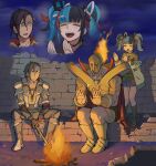  1girl 2boys armor b_suke black_hair blue_hair campfire closed_eyes fate/grand_order fate_(series) fingerless_gloves fire gloves helm helmet highres jacket leonidas_(fate) mandricardo_(fate) multicolored_hair multiple_boys muscular muscular_male nervous_sweating night pants redhead sabaton sei_shounagon_(fate) shaded_face shadow skirt smile sweat teeth twintails upper_teeth_only worried 