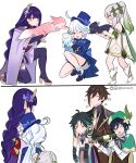  3boys 3girls artist_name black_hair blue_eyes bottle bow bowtie braid carrying carrying_person cat closed_eyes closed_mouth elf fox genshin_impact green_eyes green_hair highres instagram_logo instagram_username japanese_clothes kamiiart kimono long_braid long_hair looking_at_viewer mole mole_under_eye multicolored_hair multiple_boys multiple_girls necktie neuvillette_(genshin_impact) one_eye_closed open_mouth pointy_ears ponytail purple_hair purple_kimono scaramouche_(cat)_(genshin_impact) scaramouche_(genshin_impact) short_hair thigh_strap toeless_footwear twitter_logo twitter_username very_long_hair violet_eyes white_hair wine_bottle yae_miko yae_miko_(fox) yellow_eyes 