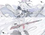  2girls ahoge black_coat black_gloves black_horns black_skirt black_tail blue_archive bolt_action breasts coat coat_on_shoulders collared_shirt demon_horns demon_tail ggymj gloves grey_hair grey_halo gun hair_over_one_eye halo highres hina_(blue_archive) holding holding_gun holding_weapon horns iori_(blue_archive) long_hair long_sleeves machine_gun mauser_98 medium_breasts mg42 multiple_girls multiple_horns open_mouth parted_bangs red_eyes rifle shirt simple_background skirt tail twintails upper_body very_long_hair violet_eyes weapon white_background white_hair white_shirt 