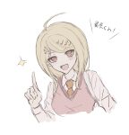  1girl :d absurdres ahoge akamatsu_kaede blonde_hair collared_shirt danganronpa_(series) danganronpa_v3:_killing_harmony fu_ga_(vivi912912) grey_shirt hair_ornament highres index_finger_raised long_hair long_sleeves musical_note musical_note_hair_ornament necktie open_mouth orange_necktie pink_eyes pink_sweater_vest shirt simple_background smile solo sweater_vest translation_request white_background 