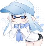  1girl black_shorts blue_eyes blue_hair blue_hat blue_trim commentary_request dolphin_shorts dot_nose hat heart heart_background highres inkling inkling_girl inkling_player_character leaning_forward long_hair looking_at_viewer pointy_ears sailor_collar sailor_shirt shirt shorts solo splatoon_(series) tentacle_hair visor_cap white_background zawanaka1120 