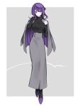  1girl black_shirt black_sweater border breasts full_body grey_background grey_jacket grey_skirt high-waist_skirt highres jacket large_breasts long_skirt long_sleeves looking_at_viewer maco22 original outside_border purple_footwear purple_hair shirt simple_background skirt solo sweater turtleneck violet_eyes white_border 