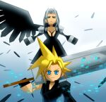  2boys armor asymmetrical_sleeves backlighting black_coat black_feathers black_vest blonde_hair blue_background blue_eyes chest_strap cloud_strife coat commentary_request expressionless feathered_wings feathers final_fantasy final_fantasy_vii final_fantasy_vii_advent_children floating fusion_swords gradient_background green_eyes grey_hair hands_up long_hair looking_at_viewer low_poly male_focus multiple_boys over_shoulder parted_bangs pauldrons popochan-f sephiroth short_hair shoulder_armor single_pauldron single_wing spiky_hair sword sword_over_shoulder vest weapon weapon_over_shoulder wings 