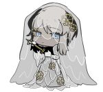  1girl blue_eyes bridal_veil chibi colored_eyelashes dress e.g.o_(project_moon) faust_(project_moon) gears gloves hair_ornament holding holding_weapon limbus_company looking_at_viewer merukosu project_moon short_hair solo thick_eyelashes veil weapon wedding_dress white_background white_gloves white_hair 