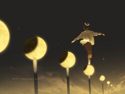  1boy balancing barefoot brown_hair brown_pants halo lamppost male_focus moon night original outdoors pants rido_(ridograph) shirt short_hair solo standing standing_on_one_leg white_shirt 