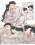  &gt;:) 1boy 1girl ? ace_attorney black_eyes black_hair blank_eyes blush cheek_pinching closed_eyes commentary_request drooling full-face_blush grin half-closed_eyes hetero highres hug korean_commentary korean_text long_hair lying maya_fey mmachoii mouth_drool on_back on_bed pajamas phoenix_wright pinching raised_eyebrow short_hair sidelocks sigh simple_background sitting sleeping smile smirk speech_bubble spiky_hair sweatdrop translation_request v-shaped_eyebrows very_long_hair whispering_in_ear white_pajamas 