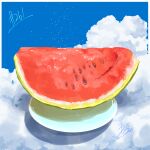  absurdres artist_name blue_sky clouds day food food_focus fruit highres no_humans original plate seed sky takisou_sou watermelon watermelon_slice 