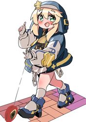  1girl absurdres androgyne_symbol bike_shorts blonde_hair blush bridget_(guilty_gear) commentary_request cuffs deformed female_focus fingerless_gloves gloves guilty_gear guilty_gear_strive habit highres hood hood_up hooded_jacket jacket long_sleeves looking_at_viewer medium_hair open_clothes open_mouth smile solo walking white_background yo-yo yu-sakutruebluethemy-all 