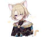  1boy absurdres animal_ears blonde_hair blush cat_boy cat_ears cat_tail closed_mouth freminet_(genshin_impact) genshin_impact gorila_chan hair_over_one_eye highres long_sleeves male_focus short_hair solo tail violet_eyes white_background 