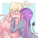  2girls absurdres alternate_costume blonde_hair blush breasts closed_eyes demon_tail green_eyes grey_sweater highres hololive hood hoodie kiss large_breasts long_hair momosuzu_nene multiple_girls okome_0628 pink_hoodie polka_dot polka_dot_background purple_hair surprise_kiss surprised sweater tail tokoyami_towa virtual_youtuber yuri 