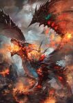  animal antilous blue_eyes clouds cloudy_sky dragon fire monster open_mouth original oversized_animal sky solo western_dragon wings 