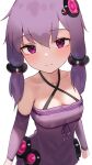  1girl absurdres bare_shoulders blush breasts criss-cross_halter detached_sleeves dress hair_ornament halterneck highres light_smile looking_at_viewer penguin_(dx19291005) purple_dress purple_hair short_hair_with_long_locks simple_background sketch small_breasts solo violet_eyes vocaloid voiceroid white_background yuzuki_yukari 