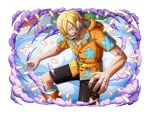  1boy alternate_costume blonde_hair boots curly_eyebrows english_commentary facial_hair hair_over_one_eye headphones hood hood_down knee_boots leg_hair male_focus official_alternate_costume official_art one_piece one_piece_treasure_cruise open_mouth sanji_(one_piece) shirt short_hair short_sleeves shorts teeth 