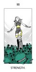  1girl bodysuit braid breasts clouds commentary final_fantasy final_fantasy_xii full_body highres long_hair mochi_(hanamaruudondesu) monochrome monster open_mouth penelo tarot tarot_(medium) thigh-highs twin_braids twintails 