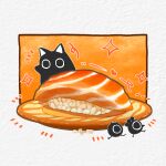 absurdres algenartwork cat creature fish_(food) food food_focus highres no_humans original rice salmon sushi tray 
