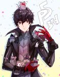  1boy akechi_gorou amamiya_ren animal animal_on_head animal_on_shoulder anniversary black_eyes black_hair cezaria commentary_request confetti copyright_name eye_mask eyelashes gloves gradient_background happy highres holding holding_animal kitagawa_yuusuke looking_to_the_side morgana_(persona_5) mouse niijima_makoto okumura_haru on_head persona persona_5 red_gloves sakamoto_ryuuji sakura_futaba shadow shiny_clothes short_hair smile solo_focus sparkle takamaki_anne upper_body white_background yellow_background 