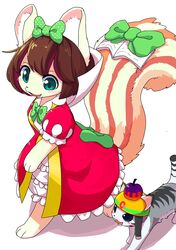  1girl :3 absurdres alternate_color animal aqua_eyes back_bow bow bowtie brown_hair double-parted_bangs fairy_tail_snow from_above furry green_bow hair_bow highres jaggy_lines light_blush open_mouth polka_dot polka_dot_bow puffy_short_sleeves puffy_sleeves rescue_cat short_hair short_sleeves side-by-side simple_background tail tail_bow tail_ornament thematy three_quarter_view walking white_background yu-gi-oh! 