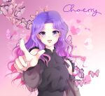  1girl black_shirt bug butterfly character_name choerry english_commentary gradient_background heart highres k-pop long_hair loona_(group) makeup mascara open_mouth pink_background pointing pointing_at_viewer purple_hair real_life ruru_creations shirt smile solo upper_body violet_eyes wavy_hair 