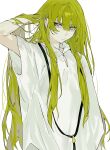  1other androgynous arm_up enkidu_(fate) fate/grand_order fate_(series) frown green_hair hair_between_eyes hair_lift hand_in_own_hair highres kingu_(fate) long_hair looking_at_viewer nonobe9781 robe simple_background solo upper_body very_long_hair violet_eyes white_background white_robe 