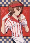 1boy akechi_gorou apron brown_hair crepe food gloves hat highres male_focus name_tag official_alternate_costume persona persona_5 red_hat saposaki shirt solo striped_clothes striped_shirt tongue tongue_out white_gloves 