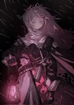  1girl arknights bandolier black_background black_gloves black_jacket closed_mouth earrings fingerless_gloves gloves grey_eyes grey_hair highres holding holding_lantern irene_(arknights) jacket jewelry lantern long_sleeves looking_at_viewer molu_stranger rain scar scar_across_eye solo 