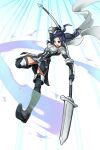  1girl armor belt black_gloves blue_hair boots breastplate commentary cynthia_(fire_emblem) fire_emblem fire_emblem_awakening from_below full_body garter_straps gloves green_eyes highres holding holding_polearm holding_weapon igalimax lance open_mouth polearm scarf shoulder_armor sky smile solo speed_lines thigh_boots twintails weapon white_scarf 