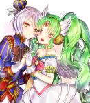  2girls :d bad_id bad_pixiv_id bare_shoulders black_ribbon brooch closed_mouth colored_eyelashes crown dress falulu falulu_(awakened) feathered_wings forehead_jewel gambe gloves green_eyes green_hair grey_eyes grey_hair hair_between_eyes hand_up headphones holding_hands idol_clothes jewelry juliet_sleeves long_hair long_sleeves looking_at_viewer mini_crown multiple_girls neck_ribbon off-shoulder_dress off_shoulder open_mouth parted_bangs pink_ribbon pretty_series pripara puffy_sleeves reverse_trap ribbon shikyoin_hibiki short_hair sidelocks signature smile standing twintails very_long_hair white_background white_dress white_gloves white_wings wing_hair_ornament wings 
