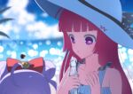  2girls bare_shoulders blue_sky blunt_bangs blurry blurry_background bottle bow clouds commentary day double_bun english_commentary hair_bow hair_bun hands_up hat head_out_of_frame hojo_sophy holding holding_bottle long_hair looking_at_another looking_down manaka_laala manaka_laala_(young) multiple_girls ocean open_mouth outdoors pink_bow pretty_series pripara purple_hair ramune redhead ruru_ashihara sky summer_festival sun_hat upper_body violet_eyes white_hat 