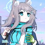  1girl animal_ear_fluff animal_ears blue_archive blue_eyes blue_jacket blue_scarf cellphone clouds extra_ears floating_hair gloves green_gloves hair_behind_ear halo holding holding_phone jacket lamily looking_up lowres phone scarf shiroko_(blue_archive) shirt sky smartphone solo white_shirt wolf_ears 