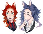  2boys animal_ear_fluff animal_ears black_necktie blue_eyes blue_hair blue_nails collared_shirt colored_inner_hair commentary_request fangs fingernails fox_boy fox_ears freckles gradient_hair green_eyes half-closed_eyes hand_up highres long_hair looking_at_viewer male_focus multicolored_hair multiple_boys necktie open_mouth orange_hair original parted_lips portrait purple_hair red_shirt redhead sharp_fingernails shirt short_eyebrows simple_background white_background white_shirt zzb_azz 