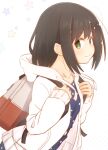  1girl back-to-back backpack bag black_hair dress fubuki_(kancolle) fubuki_(spring_mode)_(kancolle) fujisaki_yuu green_eyes hair_down hood hooded_jacket jacket kantai_collection medium_hair official_alternate_costume official_alternate_hairstyle polka_dot polka_dot_dress sidelocks simple_background smile solo upper_body white_background white_jacket 