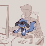 1boy advos artist_name black_fur blue_fur can chibi drink_can grey_background keyboard_(computer) monitor pokemon pokemon_(creature) riolu shirt short_sleeves simple_background sitting solo_focus tail tail_wagging two-tone_fur 