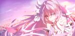  1girl absurdres arm_strap bare_shoulders blurry blurry_background bridal_veil chinese_commentary commentary_request diamond-shaped_pupils diamond_(shape) elysia_(herrscher_of_human:ego)_(honkai_impact) elysia_(honkai_impact) field flower flower_field gloves hair_between_eyes hair_intakes highres holding holding_flower honkai_(series) honkai_impact_3rd long_hair looking_at_viewer open_mouth outdoors pink_flower pink_hair pink_petals shade smile solo symbol-shaped_pupils veil very_long_hair violet_eyes white_gloves white_veil zhong_er_bing 