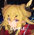 1girl arknights blonde_hair blue_eyes commentary_request double-parted_bangs english_text etiv hair_between_eyes horns jacket leizi_(arknights) long_hair multiple_hairpins pointy_ears red_jacket solo teeth upper_body