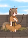  1girl absurdres animal_ear_fluff animal_ears barefoot belt black_belt blue_sky brown_hair brown_pants chewing chicken_(food) chicken_leg chinese_commentary closed_mouth clouds commentary_request dougi food fox_ears fox_girl fox_tail full_body highres holding holding_food karate kuma-bound long_hair martial_arts_belt original outdoors pants red_eyes sitting sky smile solo tail toes 