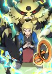 1boy absurdres ayakadegozans black_shirt blonde_hair blue_eyes blue_jacket closed_mouth electivire electricity highres interlocked_fingers jacket long_sleeves looking_at_viewer luxray open_clothes open_jacket own_hands_together pants pokemon pokemon_(anime) pokemon_(creature) pokemon_journeys rotom rotom_(fan) shirt short_hair sitting smile volkner_(pokemon)