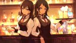  2girls absurdres bang_dream! bang_dream!_it&#039;s_mygo!!!!! bartender black_hair black_vest blush bottle closed_mouth commentary commission cup drinking_glass earclip earrings english_commentary highres holding holding_cup jewelry long_hair long_sleeves looking_at_viewer medium_hair mole mole_under_eye multiple_girls rnna shiina_taki shirt twitter_username vest violet_eyes watermark white_eyes white_shirt yahata_umiri 