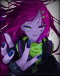  1girl black_nails english_text goma_irasuto green_eyes heterochromatic_eyewear highres lightning_bolt_symbol long_hair looking_at_viewer nail_polish original pink_eyes pink_hair signature simple_background smile solo upper_body 