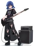  1girl amplifier audio_cable band_shirt bass_guitar bell-bottoms black_nails black_pants blue_hair bocchi_the_rock! boots chain full_body hair_ornament hairpin highres holding holding_instrument instrument irreligiositat merchandise mole mole_under_eye music pants playing_bass playing_instrument shirt short_hair sweatdrop t-shirt torn_clothes torn_pants white_background yamada_ryo yellow_eyes 