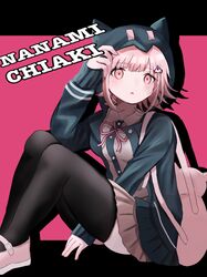  1girl animal_ears backpack bag black_thighhighs breasts brown_hair character_name collared_shirt danganronpa_(series) danganronpa_2:_goodbye_despair fake_animal_ears flipped_hair galaga hair_ornament hood hood_up ikemen&#039;na_ore-shi jacket long_sleeves looking_at_viewer medium_breasts medium_hair nanami_chiaki neck_ribbon open_clothes open_jacket pink_background pink_bag pink_eyes pink_ribbon ribbon shirt skirt solo thigh-highs white_shirt 