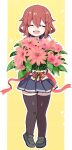  black_thighhighs bouquet brown_hair closed_eyes hair_ornament hairclip highres holding holding_bouquet ikazuchi_(kancolle) kantai_collection loafers pleated_skirt school_uniform serafuku shoes short_hair skirt smile thigh-highs unagiman 