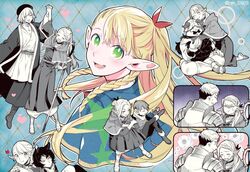  3boys 3girls :d ^_^ alternate_hairstyle ambrosia_(dungeon_meshi) anger_vein animal_ears argyle_background armor baggy_pants beard belt belt_buckle beret black_fur blonde_hair blue_capelet boots bracer braid buckle capelet cat_ears cat_girl chilchuck_tims choker closed_eyes commentary dancing droopy_ears dungeon_meshi dwarf elf facial_hair fake_horns falin_touden fingerless_gloves frown gloves gorget green_eyes halfling hat heart helmet highres holding holding_staff hood hooded_capelet horned_helmet horns hug indian_style izutsumi jacket laios_touden laughing leaning_on_person long_beard long_hair looking_at_viewer marcille_donato medium_hair multiple_boys multiple_girls neck_warmer pants pauldrons plate_armor pointy_ears ponytail pout puffy_cheeks ran_(ran_0605) red_choker robe sandals senshi_(dungeon_meshi) short_hair shoulder_armor sitting slit_pupils smile staff sweat twin_braids twitter_username very_long_beard 