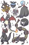  aegislash alcremie alcremie_(strawberry_sweet) alternate_color black_dress black_gloves blue_hair bob_cut carbink charizard dragon dress elbow_gloves gardevoir gloves h_k225 haxorus highres mega_gardevoir orange_eyes pokemon pokemon_(creature) rayquaza red_eyes shield shiny_pokemon simple_background sparkle sword weapon white_background wooloo yellow_eyes 