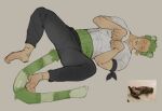  1boy absurdres animal_ears barefoot crimcres green_hair highres kemonomimi_mode lying male_focus nose_bubble on_back one_piece pants photo_inset roronoa_zoro scar scar_across_eye short_hair sleeping solo spread_legs tail tiger_boy tiger_ears tiger_tail toned toned_male v-neck 