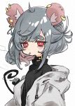  1girl animal_ear_piercing animal_ears basket black_collar black_sweater blush cigarette collar deal360acv earrings grey_hair grey_hoodie highres holding holding_cigarette holding_with_tail hood hood_down hoodie jewelry long_sleeves looking_at_viewer mouse_(animal) mouse_ears multicolored_hair nazrin prehensile_tail red_eyes short_hair simple_background smoke smoking star_(symbol) sweater tail thick_eyebrows touhou white_background 