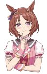 1girl animal_ears brown_hair finger_to_face flower_in_eye hashtag-only_commentary highres horse_ears horse_girl index_finger_raised looking_at_viewer parted_bangs puffy_short_sleeves puffy_sleeves sakata_s2023 sakura_laurel_(umamusume) short_hair short_sleeves simple_background smile solo symbol_in_eye umamusume upper_body violet_eyes white_background wrist_cuffs 