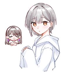  2girls :&gt; bang_dream! bang_dream!_it&#039;s_mygo!!!!! blush brown_hair chibi chibi_inset closed_eyes closed_mouth commentary cropped_torso crossed_arms earrings grey_hair hair_between_eyes highres hood hoodie jewelry long_hair mole mole_under_eye multiple_girls orange_eyes shiina_taki shirt short_hair simple_background sleeves_past_wrists smile t-shirt takamatsu_tomori u_u v-shaped_eyebrows white_background white_hoodie white_shirt zangemiya 