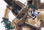  1980s_(style) 1girl alpha_azieru anno_hideaki battle char&#039;s_counterattack collaboration damaged dress english_commentary green_hair gundam jegan key_visual machinery mecha miniskirt mobile_armor mobile_suit official_art one-eyed promotional_art quess_paraya retro_artstyle robot sadamoto_yoshiyuki scan science_fiction size_difference skirt traditional_media 