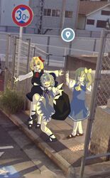  3girls blonde_hair blue_dress blue_eyes blue_hair cirno commentary daiyousei double_v dress english_commentary fence full_body google_street_view green_eyes green_hair hair_ribbon high_school_girls_posing_for_google_street_view_(meme) highres looking_at_viewer meme multiple_girls outdoors outstretched_arms red_eyes red_ribbon ribbon road_sign rumia sazzuno short_hair side_ponytail sign standing standing_on_one_leg touhou v 
